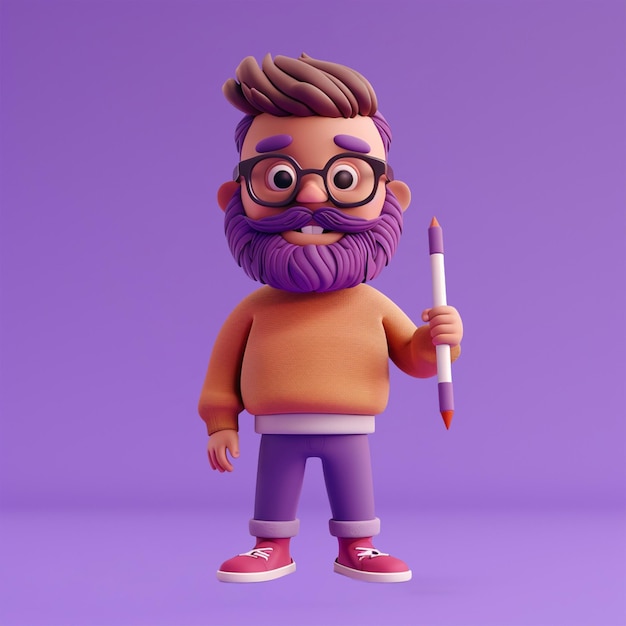 PSD 3d fullbody character icon of a happy graphic designer holding a stylus purple screen background