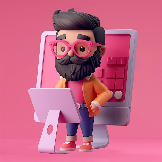 3D fullbody character icon of a happy graphic designer using graphic design software