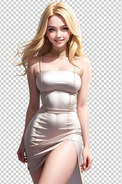 PSD 3d gaming cartoon style girl wearing wehite dress at transparent background