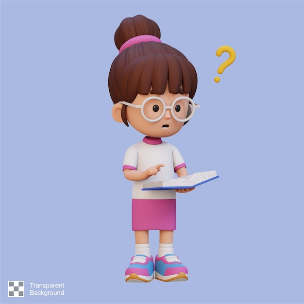 PSD 3d girl character get confused when reading a book