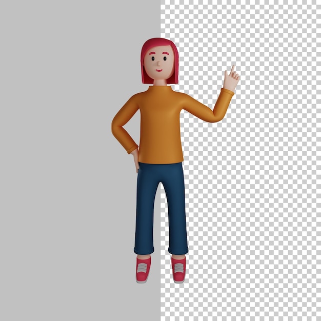 3d girl character illustration pointing up