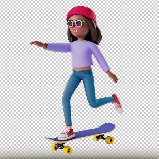 PSD 3d girl character ride skateboard isolated on white background