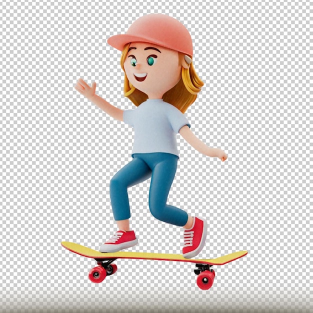 PSD 3d girl character ride skateboard isolated on white background