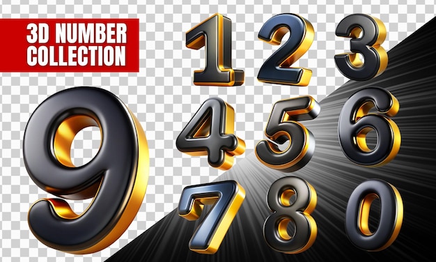 PSD 3d gold and black color numbers collection or numbers set