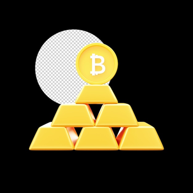 3D Gold Bricks And Bitcoin On Black Background