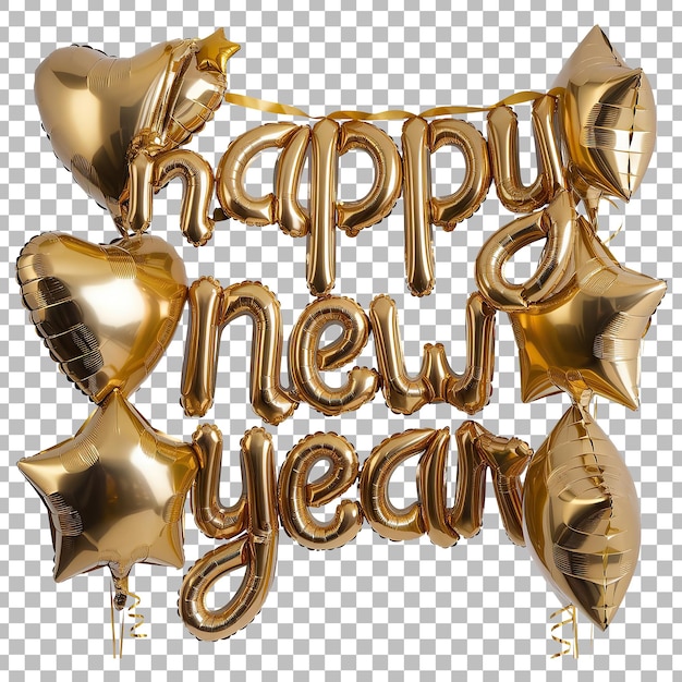 PSD 3d golden air balloons of a happy new year typography isolated on a transparent background