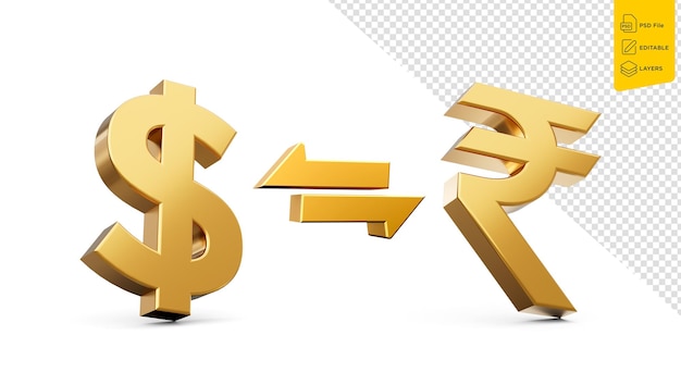 3d Golden Dollar And Rupee Symbol Icon With Money Exchange Arrow On White Background 3d illustration