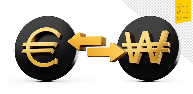 3d Golden Euro And Won Symbol On Rounded Black Icons With Money Exchange Arrows 3d illustration