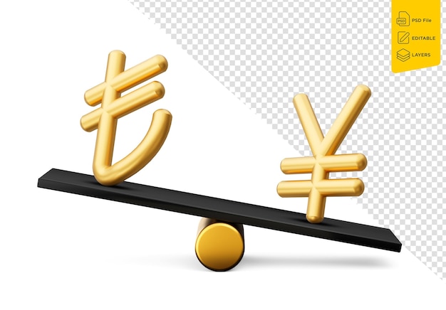 3d Golden Lira And Yen Symbol Icons With 3d Black Balance Weight Seesaw 3d illustration