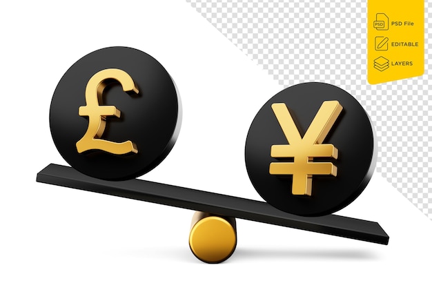 3d Golden Pound And Yen Symbol On Rounded Black Icons With 3d Balance Weight Seesaw 3d illustration