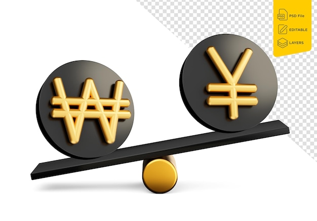 3d Golden Won And Yen Symbol On Rounded Black Icons With 3d Balance Weight Seesaw 3d illustration