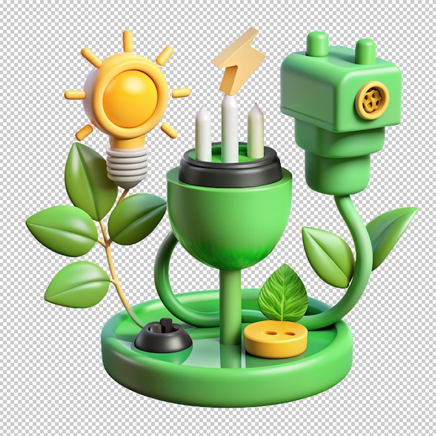 PSD 3d green energy illustration alternative energy concept clean energy production methods renewable energy concept eco green electric plug with leaves icon modern vector in 3d style