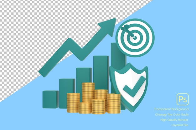 3D Green rising arrow profit bar graph and shield with multiple arrangements of coins