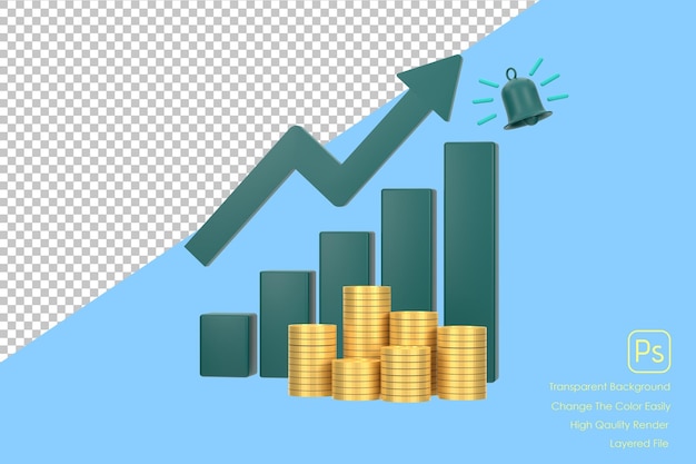 3D Green rising arrow and profit bar graph with multiple arrangements of coins