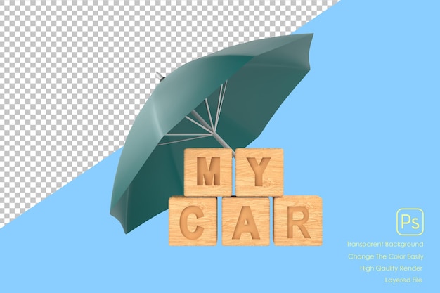 3D green umbrella protecting car for car insurance concept