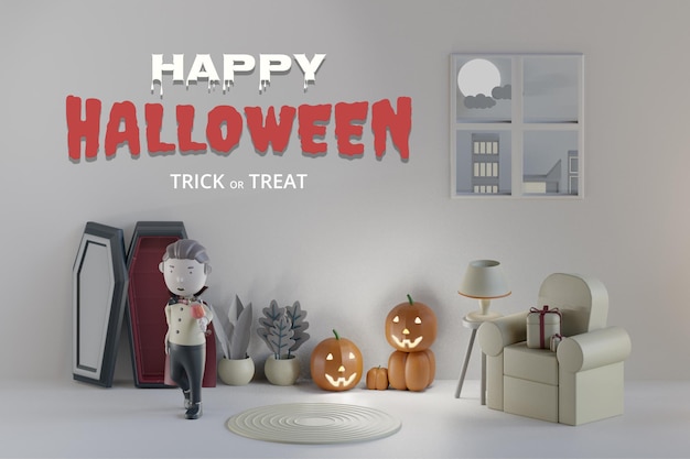 3d halloween background with cute dracula drinking blood 3d render