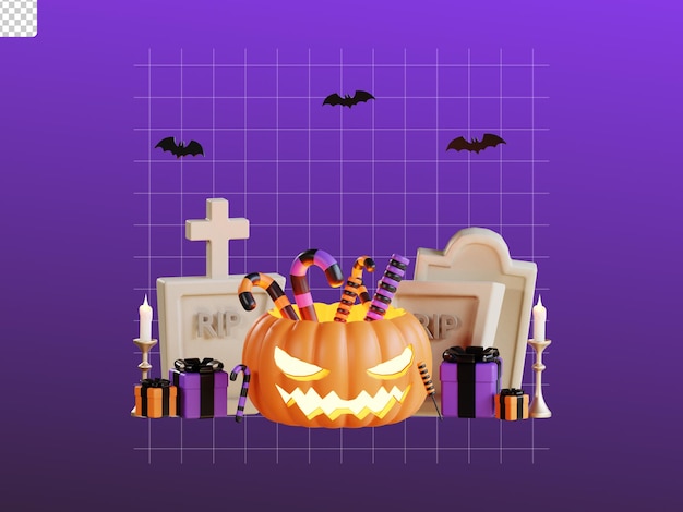 3D halloween icon illustration jack filled with candy