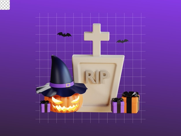 3D halloween icon illustration with jack wear witch hat and giftbox