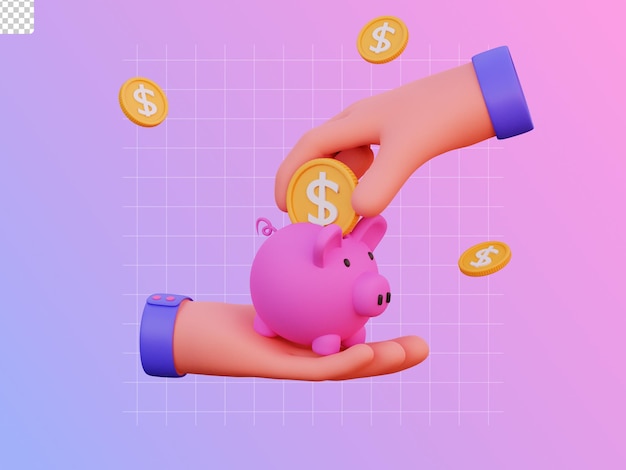 3d hand gesture saving money with piggy bank