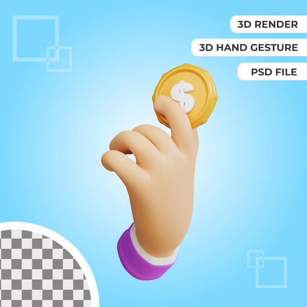 3d hand gesture with dollar coins illustration rendering isolated