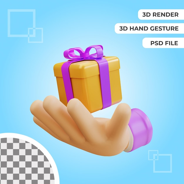 3d hand gesture with giftbox illustration rendering isolated