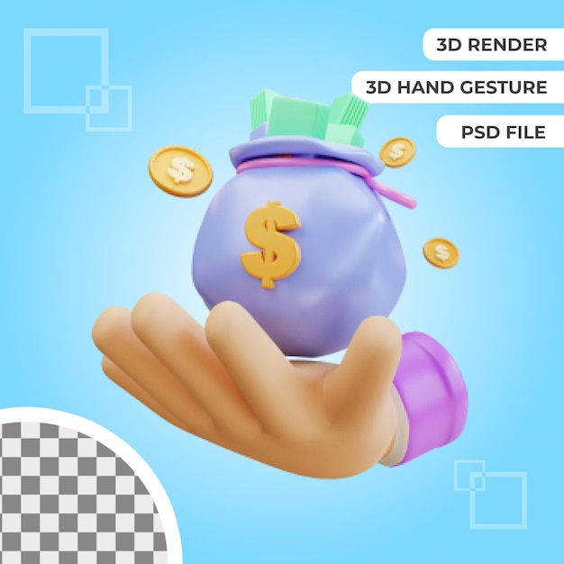 3d hand gesture with money bag illustration rendering isolated