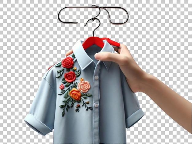 3d Hand holding hanger with embroidered shirt on transparent background