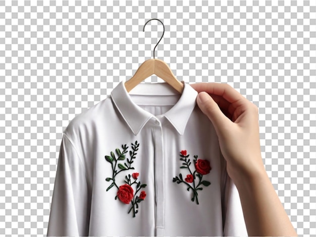 3d Hand holding hanger with embroidered shirt on transparent background