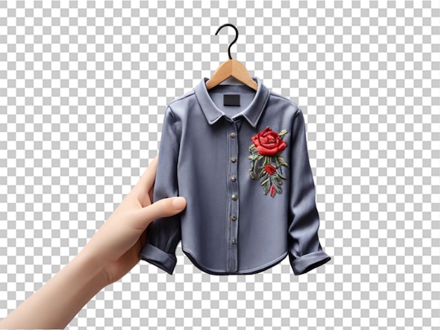 3d Hand holding hanger with embroidered shirt on transparent background