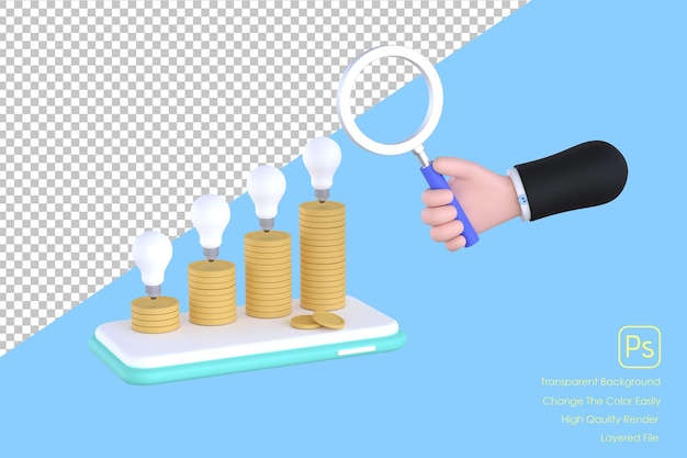 3D hand holding magnifying glass and coins light bulbs on a mobile phone concept of financial