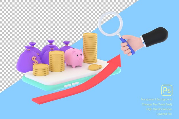 3D Hand holding magnifying glass and piggy bank coins money bag concept of financial management