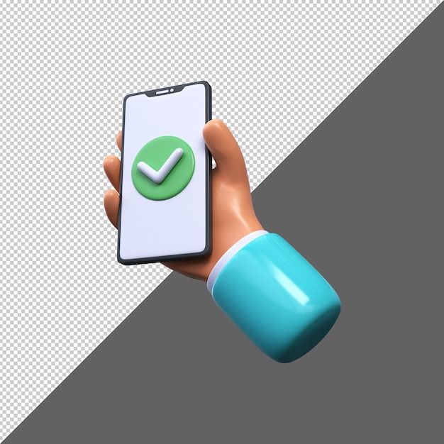 3D Hand holding a smartphone with a check mark on the screen Green tick icon