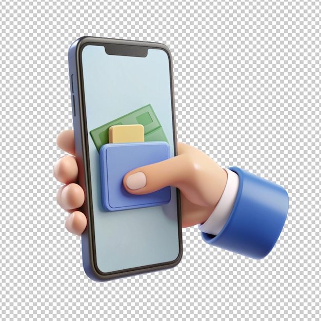 3d hand making cashless payment from smartphone on transparent background