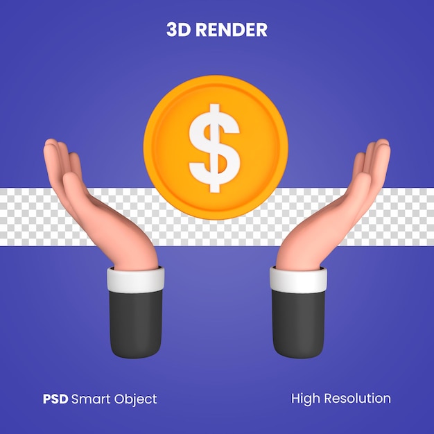 3d hand present coin render isolated