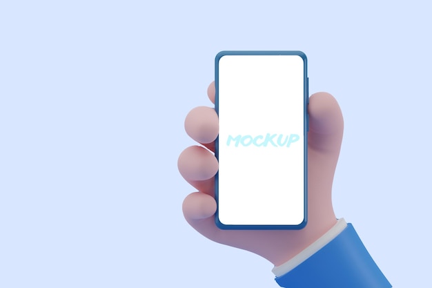 3d handholding smartphone with white screen on blue background 3d render illustration