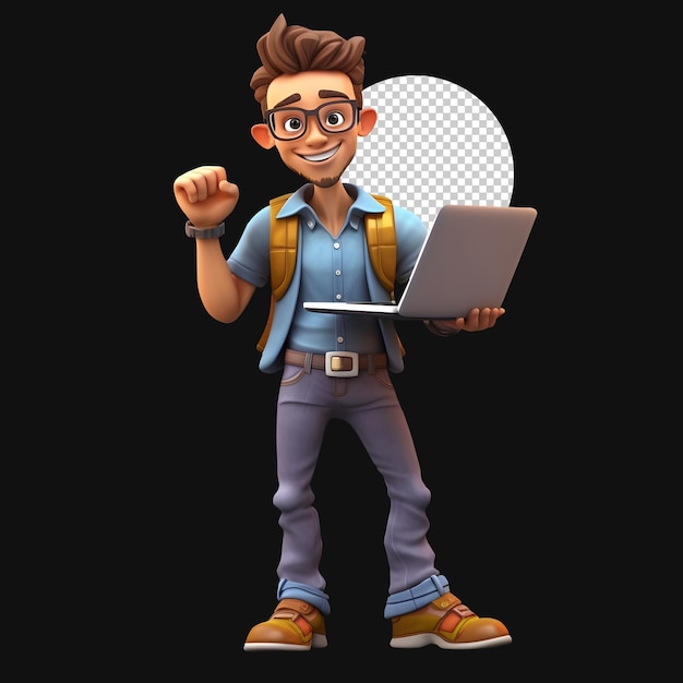 3d happy and motivated freelancer standing and holding his laptop Confident guy doing online work