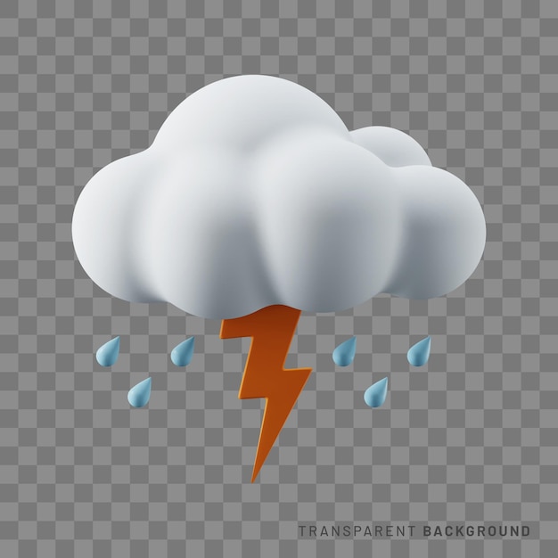 3D heavy rain with lightning bolt and cloud as weather icon