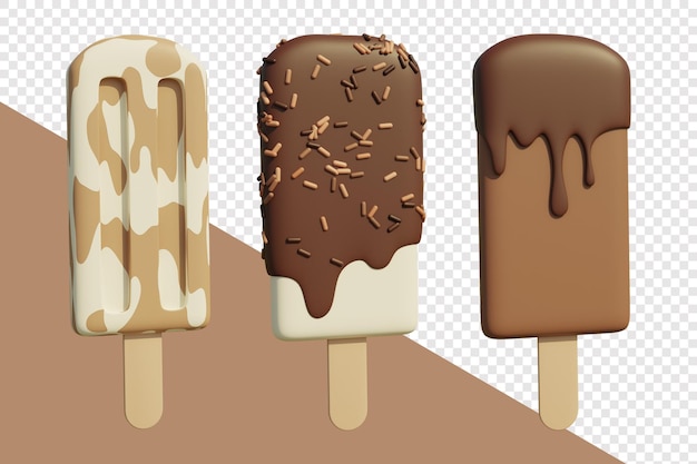 3D ice cream set with chocolate glaze hocolate popsicles on a stick