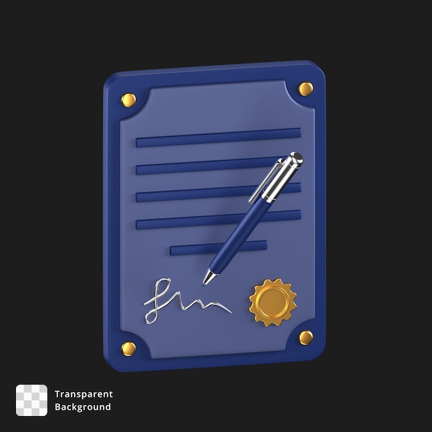 PSD 3d icon of a blue contract paper with a silver pen and golden badge