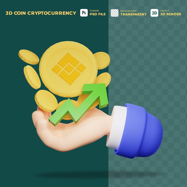 3D ICON CARTOON HAND HOLD CRYPTO CURRENCY BINANCE COINS WITH INCOME GOES UP