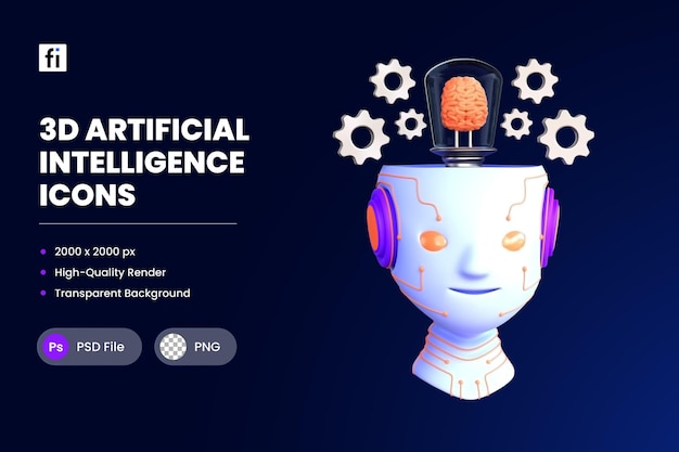 3D Icon Illustration of Artificial Intelligence Brain Robot