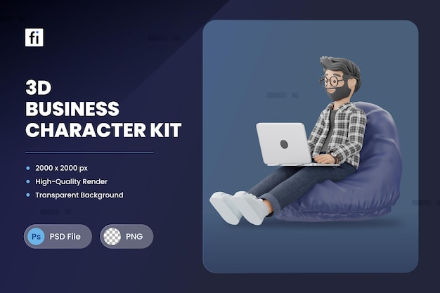 3D Icon Illustration of business character sitting beanbag office workspace