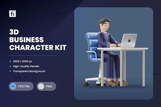 3D Icon Illustration of business character sitting at desk office workspace