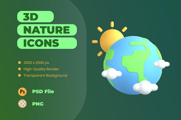 3D Icon Illustration Earth Globe Nature Sun