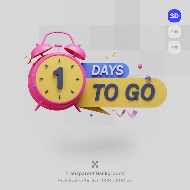 PSD 3d icon illustration render a pink alarm clock with the word 1 days to go on it