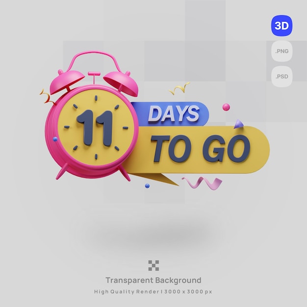 PSD 3d icon illustration render a pink alarm clock with the word 11 days to go on it