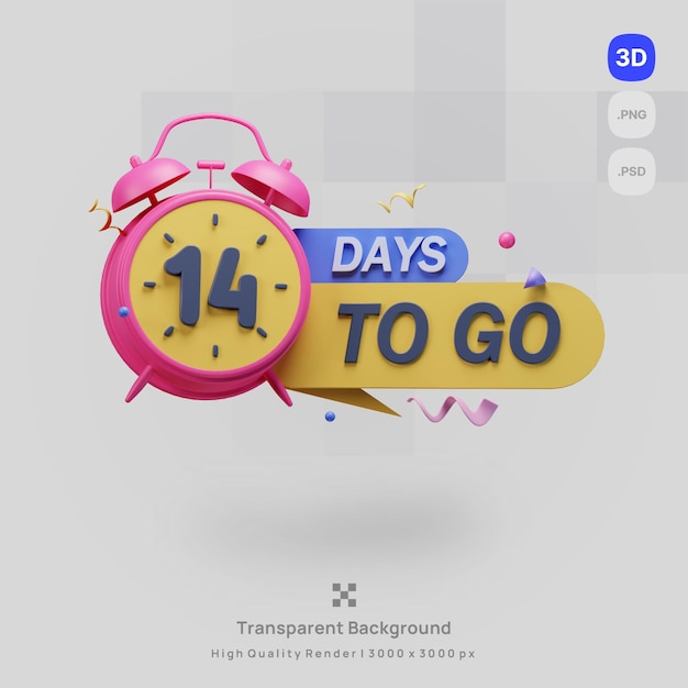 PSD 3d icon illustration render a pink alarm clock with the word 14 days to go on it