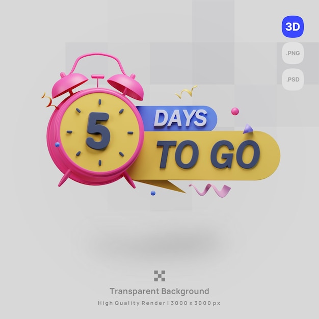 PSD 3d icon illustration render a pink alarm clock with the word 5 days to go on it