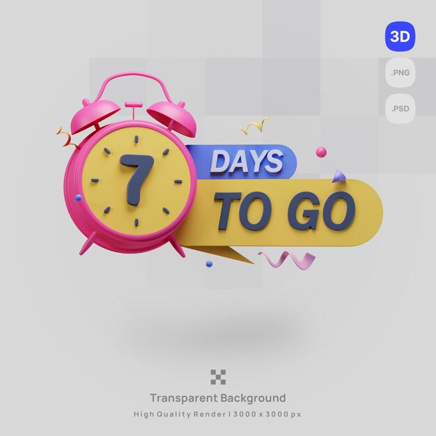 PSD 3d icon illustration render a pink alarm clock with the word 7 days to go on it