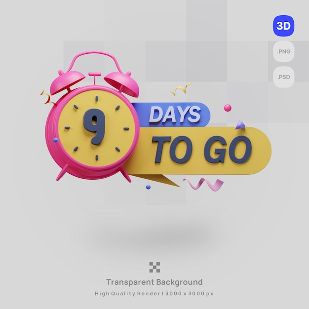 PSD 3d icon illustration render a pink alarm clock with the word 9 days to go on it